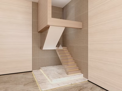 Modern Spiral Staircase Design With Wooden Walls Marble Floor And Glass Railing 3d model