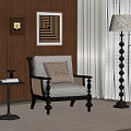 Upholstered Accent Chair With Armrests And Side Table Near Floor Lamp And Potted Plant