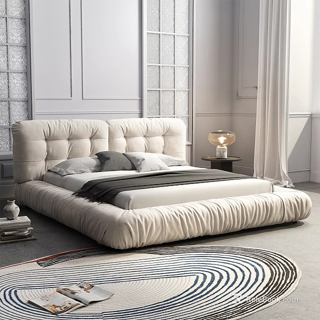 Modern Upholstered Double Bed With Cream Tufted Headboard And Nightstand Lamp 3d model 