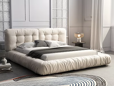 Modern Upholstered Double Bed With Cream Tufted Headboard And Nightstand Lamp 3d model