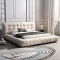 Modern Upholstered Double Bed With Cream Tufted Headboard And Nightstand Lamp