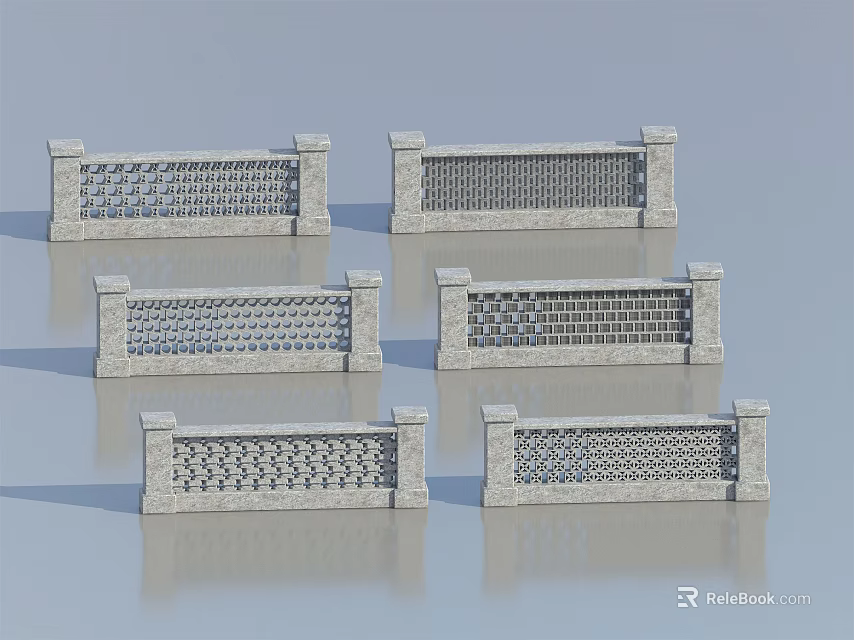 Various Stone Fence Designs With Intricate Patterns Displayed On Grey Background 3d model