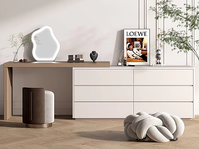 Modern Dressing Table With Wooden Top White Drawers Irregular Mirror And LOEWE Magazine 3d model
