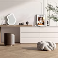 Modern Dressing Table With Wooden Top White Drawers Irregular Mirror And LOEWE Magazine