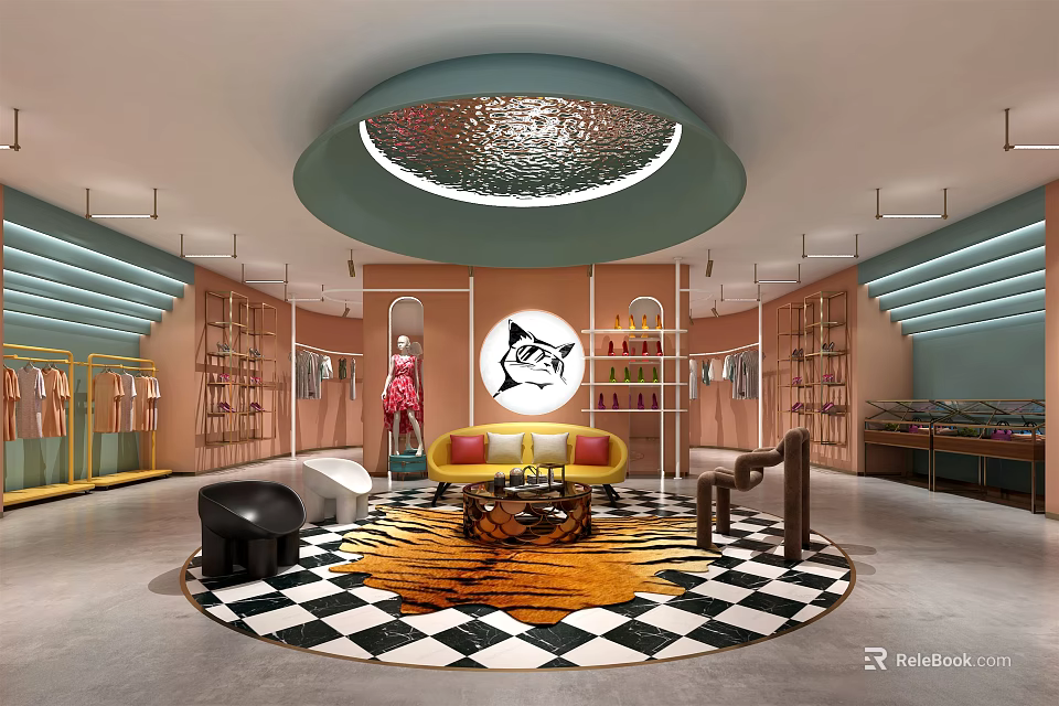Modern Clothing Store Interior With Circular Ceiling Light Checkerboard Carpet Yellow Sofa Mannequin And Shelves 3d model 