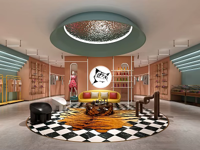 Modern Clothing Store Interior With Circular Ceiling Light Checkerboard Carpet Yellow Sofa Mannequin And Shelves 3d model