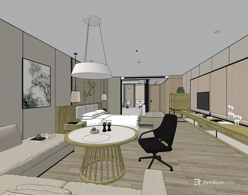 Modern Hotel Room Interior With Bed Sofa Round Table And Pendant Light 3d model