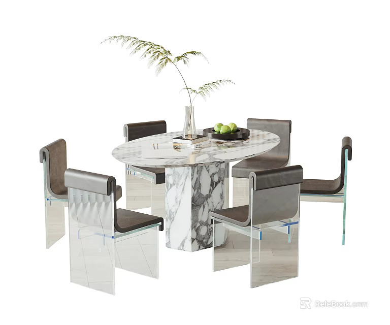 Elegant Round Marble Dining Table Set With Transparent Chairs And Decorative Vase 3d model