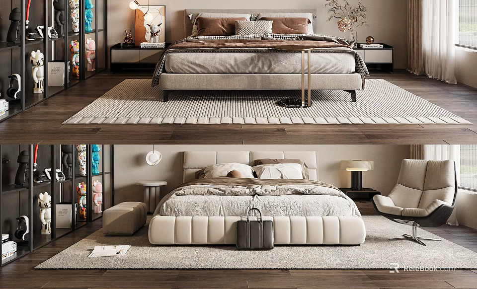 Modern Double Bed Bedroom Interior With Nightstands Accent Chair And Decorative Pillows 3d model 