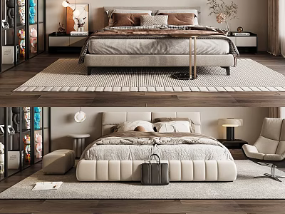 Modern Double Bed Bedroom Interior With Nightstands Accent Chair And Decorative Pillows 3d model
