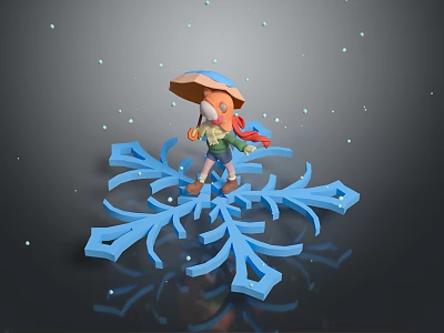 Cartoon Character In Mushroom Hat And Red Scarf Standing On Blue Snowflake With Falling Snowflakes 3d model