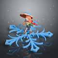 Cartoon Character In Mushroom Hat And Red Scarf Standing On Blue Snowflake With Falling Snowflakes