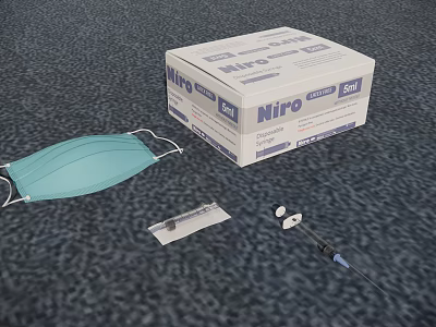 Essential Medical Devices Including Nipro Box Green Mask Test Strip And Syringe 3d model