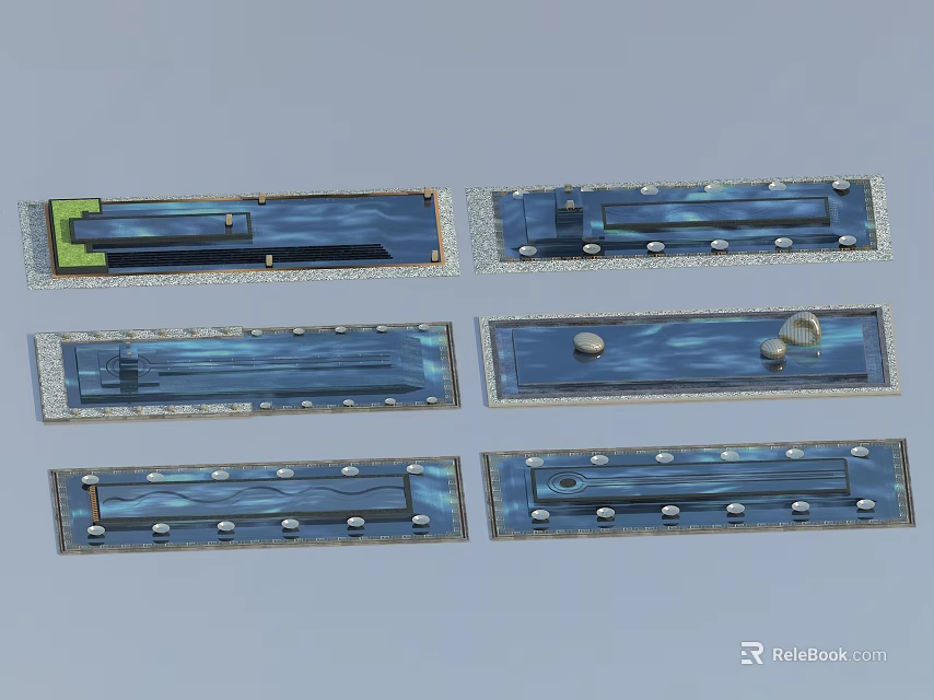 Six Decorative Blue Panels Featuring Stones And Circular Design Elements 3d model