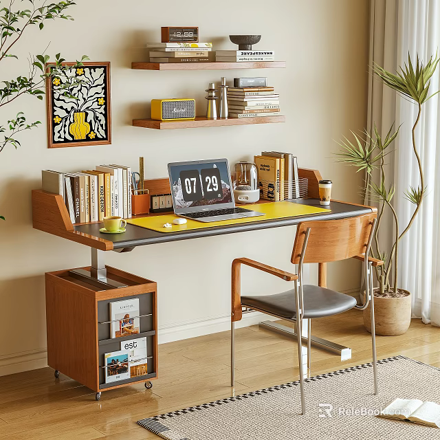 Modern Home Office Desk With Laptop Books Lamp Cup Wooden Chair And Green Plant 3d model 