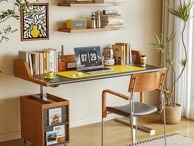 Modern Home Office Desk With Laptop Books Lamp Cup Wooden Chair And Green Plant 3d model