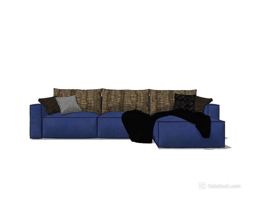 Blue Sectional Sofa With Multiple Colored Cushions And Black Throw Blanket 3d model