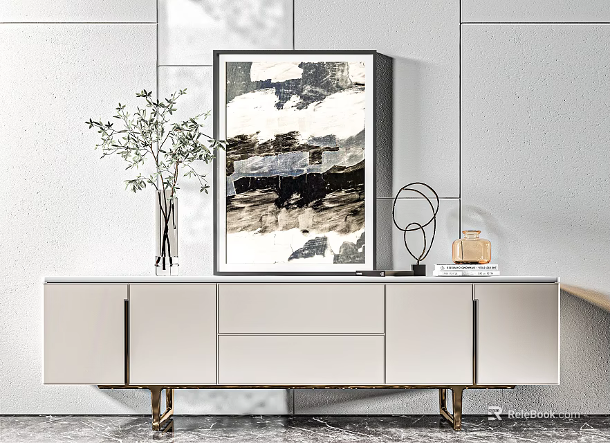 Modern TV Stand Interior With White Finish Gold Legs Framed Painting And Vase With Branches 3d model 