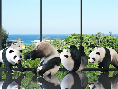 Cute Pandas Playing Near Glass Windows With Ocean View And Green Plants 3d model Cute Pandas Playing Near Glass Windows With Ocean View And Green Plants 3d model
