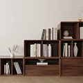 Modern Walnut Decorative Cabinet With Open Shelves Drawers And Books Vase
