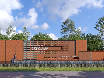 Red Brick Feature Wall With Modern Design Against Green Trees And Blue Sky 3d model