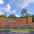 Red Brick Feature Wall With Modern Design Against Green Trees And Blue Sky