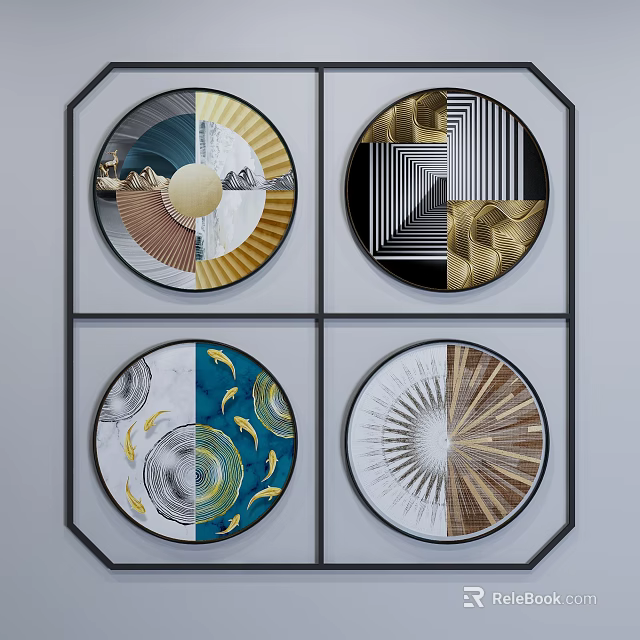 Four Panel Circular Wall Art With Geometric Patterns And Colorful Accents 3d model