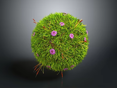 Green Plant Sphere With Grass Purple Flowers And Red Grass Blades 3d model