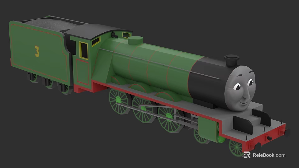 Green Cartoon Train With Smiling Face Black Red Details And Wheels 3d model 