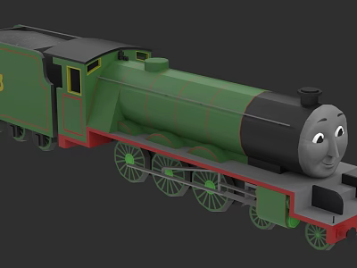 Green Cartoon Train With Smiling Face Black Red Details And Wheels 3d model