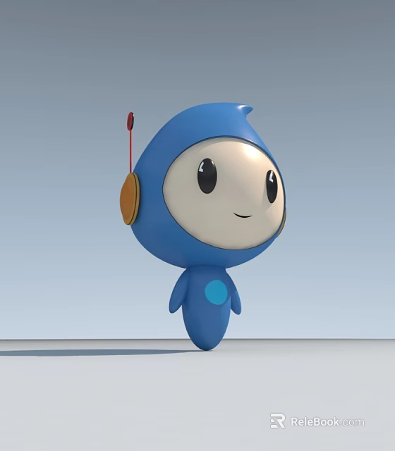 Cute Blue Doll with Large White Face Black Eyes Smiling Red Antenna and Yellow Ear 3d model 