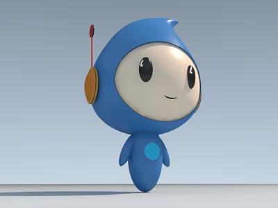 Cute Blue Doll with Large White Face Black Eyes Smiling Red Antenna and Yellow Ear 3d model