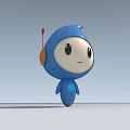 Cute Blue Doll with Large White Face Black Eyes Smiling Red Antenna and Yellow Ear