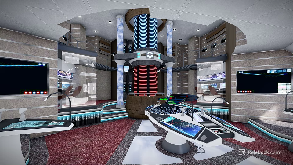 Futuristic Control Room Interior With Circular Console Screens Illuminated Columns And High Tech Lighting 3d model 