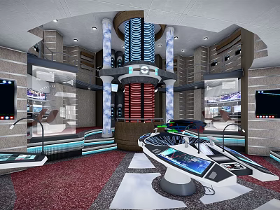 Futuristic Control Room Interior With Circular Console Screens Illuminated Columns And High Tech Lighting 3d model