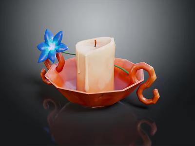 Orange Bowl Shaped Candle Lamp With Blue Flower Decoration And Handles 3d model