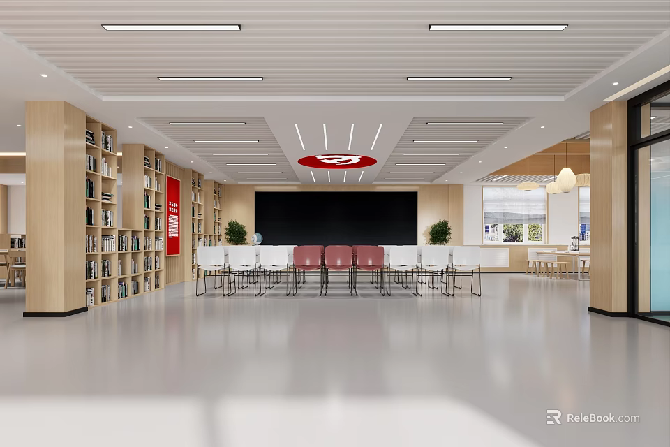 Spacious Modern Service Hall Interior With Bookshelves Seating And Screen 3d model