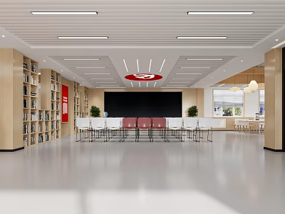 Spacious Modern Service Hall Interior With Bookshelves Seating And Screen 3d model