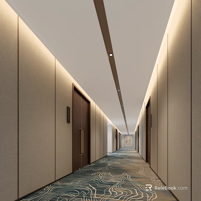Modern Corridor Interior With Recessed Lighting Wooden Doors And Patterned Carpet 3d model