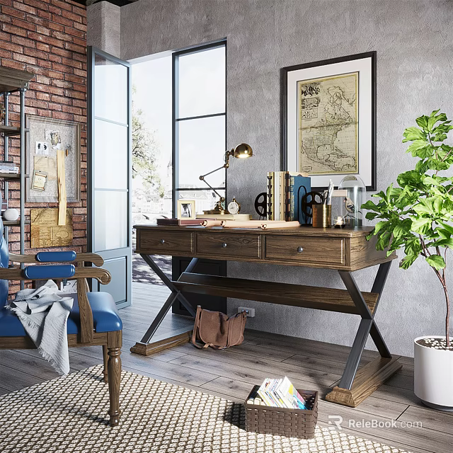 Industrial Style Wooden Desk With Table Lamp Books And Green Plant By Window 3d model 