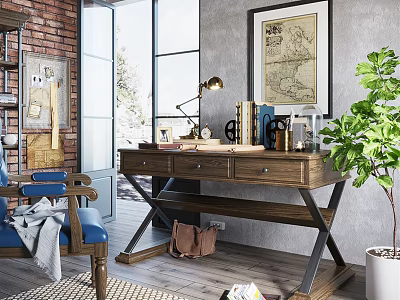 Industrial Style Wooden Desk With Table Lamp Books And Green Plant By Window 3d model