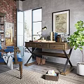 Industrial Style Wooden Desk With Table Lamp Books And Green Plant By Window