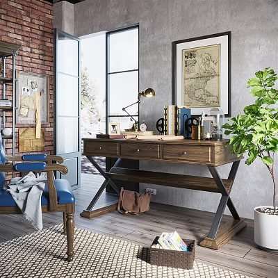 Industrial Style Wooden Desk With Table Lamp Books And Green Plant By Window 3d model