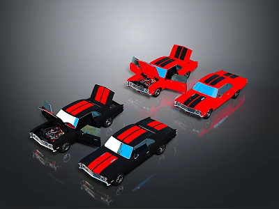 Three Red And Black Toy Cars With Open Hoods Displaying Engine Details 3d model