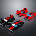 Three Red And Black Toy Cars With Open Hoods Displaying Engine Details