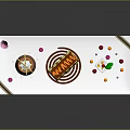 Three Assorted Desserts On White Rectangular Plate With Strawberry Cake Chocolate Cup And Yellow Square