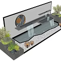 Modern Water Fountain with Flowing Water Green Plants Copper Lanterns and White Pebbles