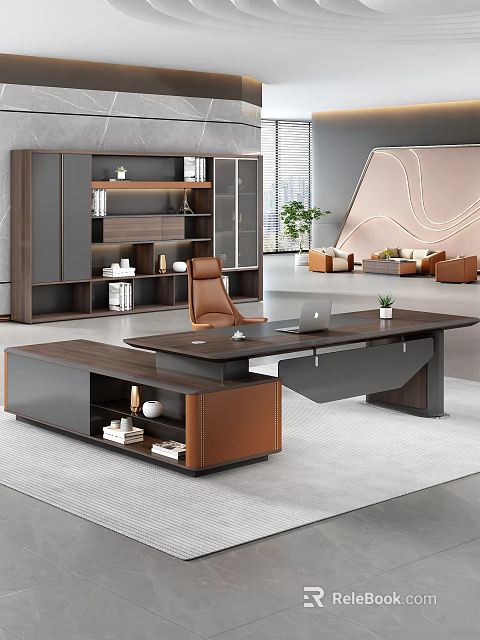Modern Office Interior With Large Wooden Desk Brown Leather Chair Bookshelf And Potted Plant 3d model 