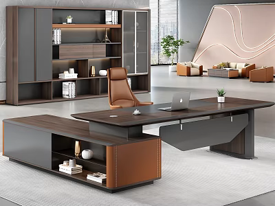 Modern Office Interior With Large Wooden Desk Brown Leather Chair Bookshelf And Potted Plant 3d model