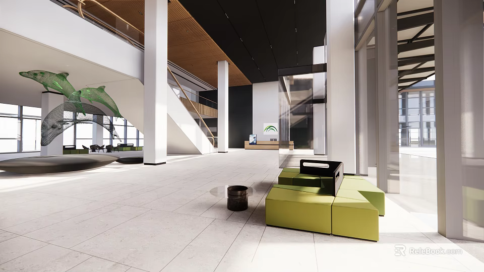 Modern Front Desk Reception Lobby With Green Sofas Staircase And Columns Design 3d model